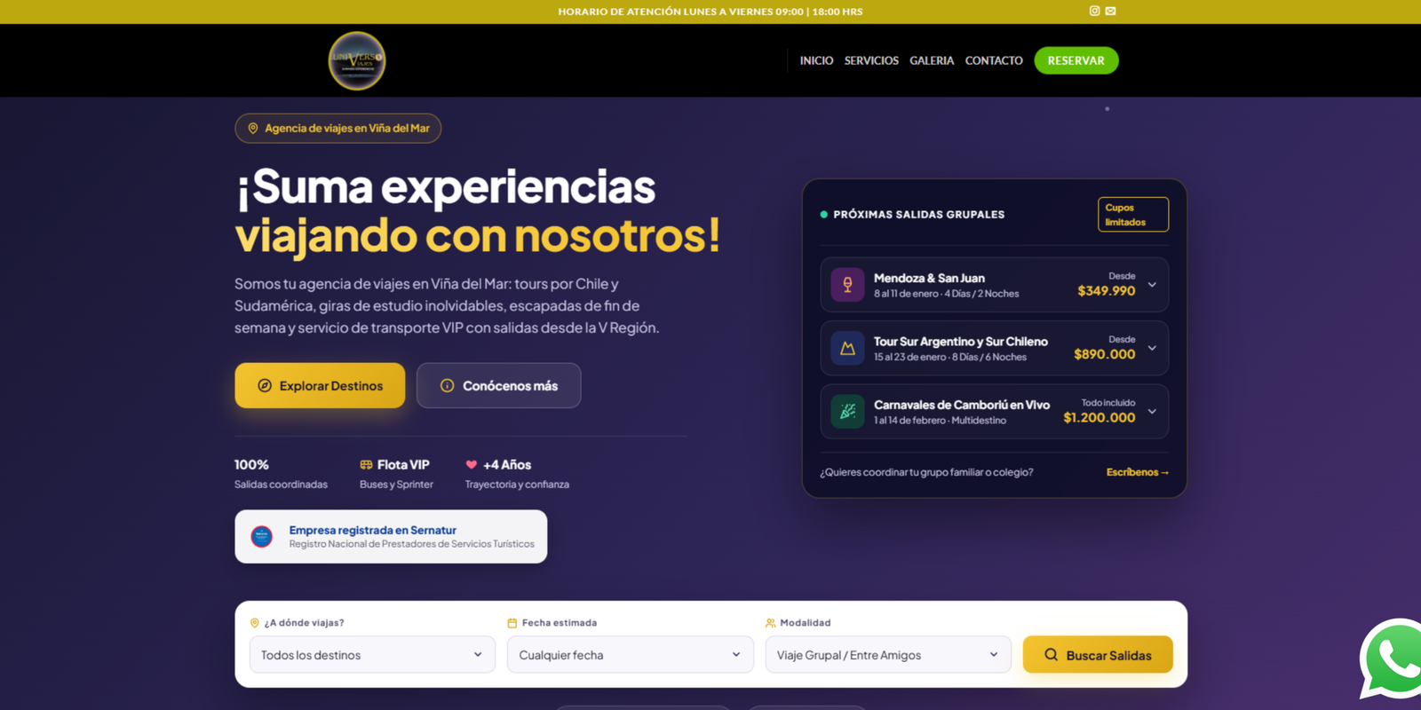 Sitio web de Universo Viajes